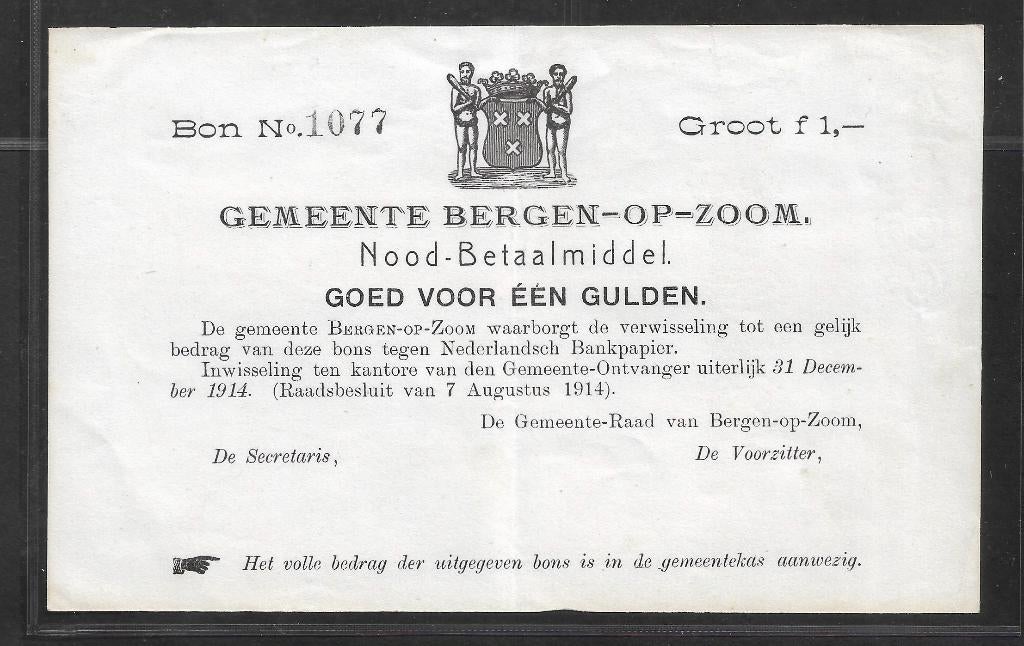 Nederland - Noodgeld - Bergen op Zoom - 1 gulden 1914 - XF, Postzegels en Munten, Bankbiljetten | Nederland, Ophalen of Verzenden