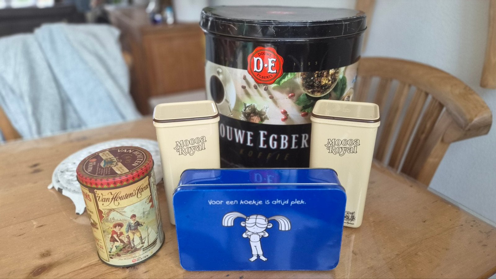 Vintage blikken Douwe Egberts, Mocca Royal, Van Houten's Cac, Verzamelen, Ophalen of Verzenden, Gebruikt, Koffie, Douwe Egberts