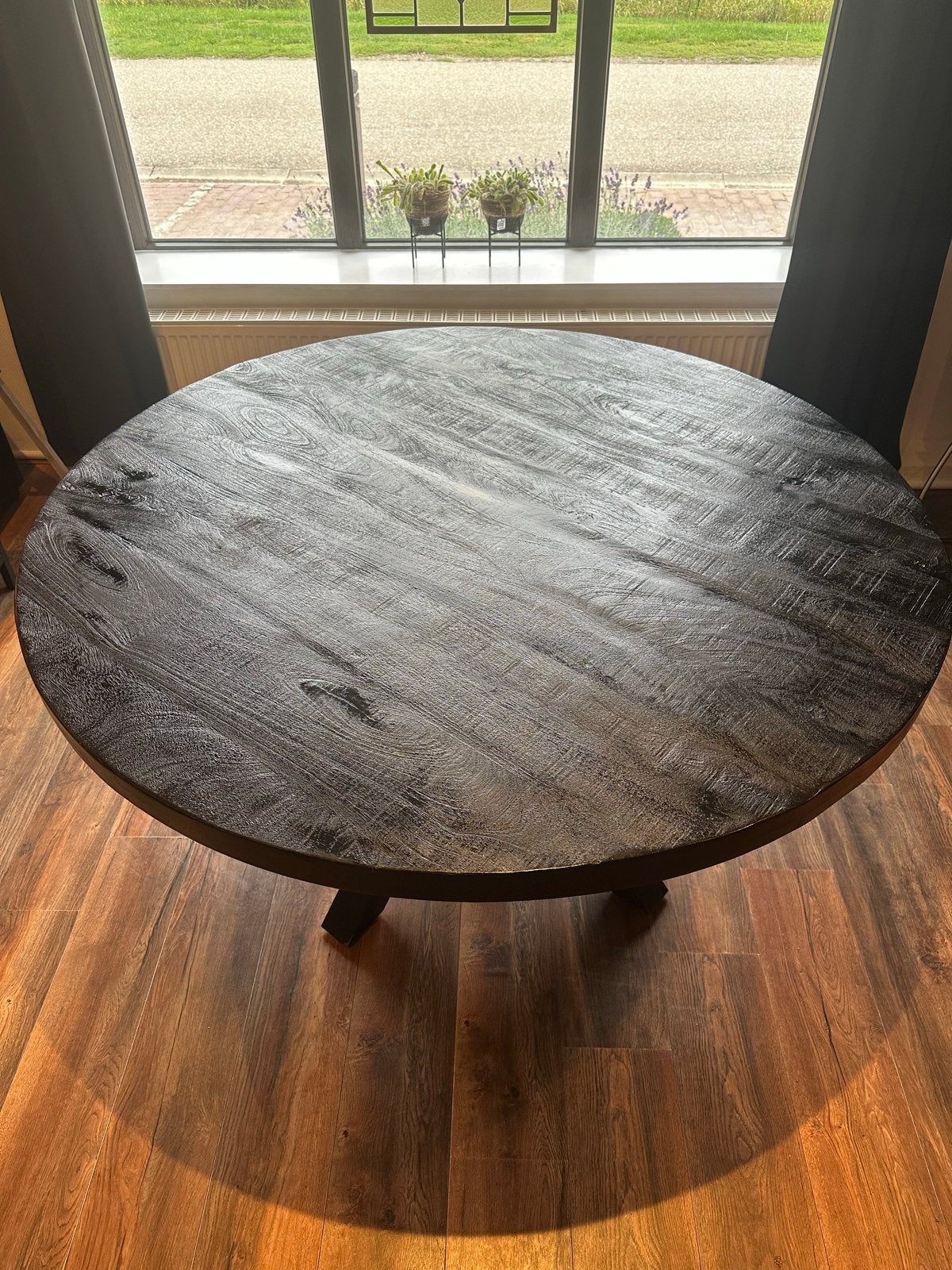 Ronde eettafel massief mangohout met stalen frame, Ophalen, Gebruikt, 150 tot 200 cm, Rond