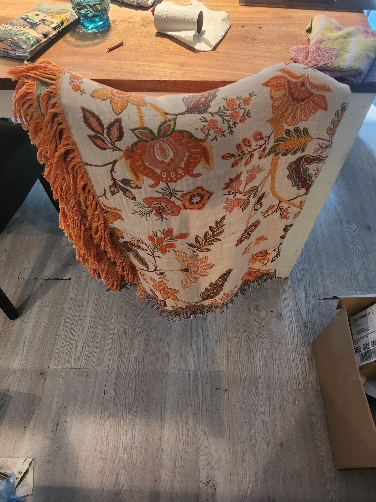 Decoratieve plaid met franjes en bloemenprint, Ophalen of Verzenden, Zo goed als nieuw, Oranje