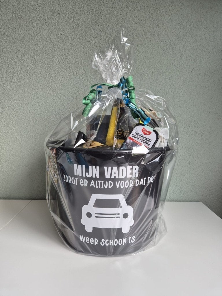 Emmer gevuld "Mijn vader ... auto schoonmaken" Vaderdag, Ophalen of Verzenden, Nieuw, Feestartikel, Overige
