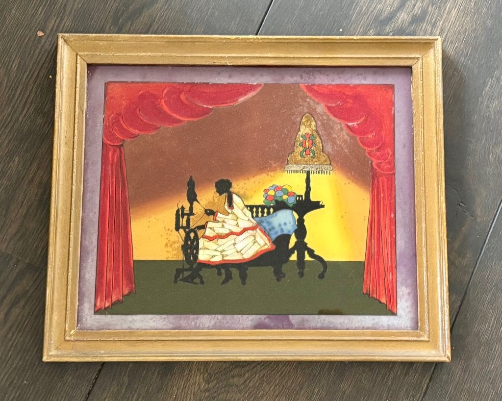 Vintage schilderijtje met paarlemoer inleg, Antiek en Kunst, Portret of Personen, Oud hollands, Origineel werk, Ophalen of Verzenden