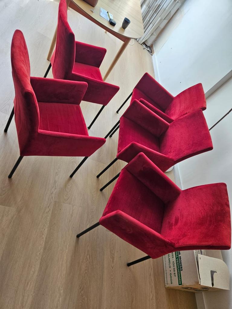 5 Rode eetkamerstoelen met optionele wieltjes, Huis en Inrichting, Stoelen, Ophalen of Verzenden