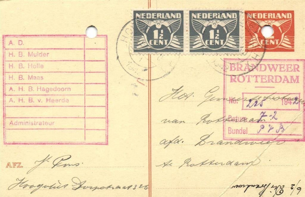 J. Prins, Hoogvliet - Brandweer Rotterdam - 02.1942 - briefk, Ophalen of Verzenden, Briefkaart