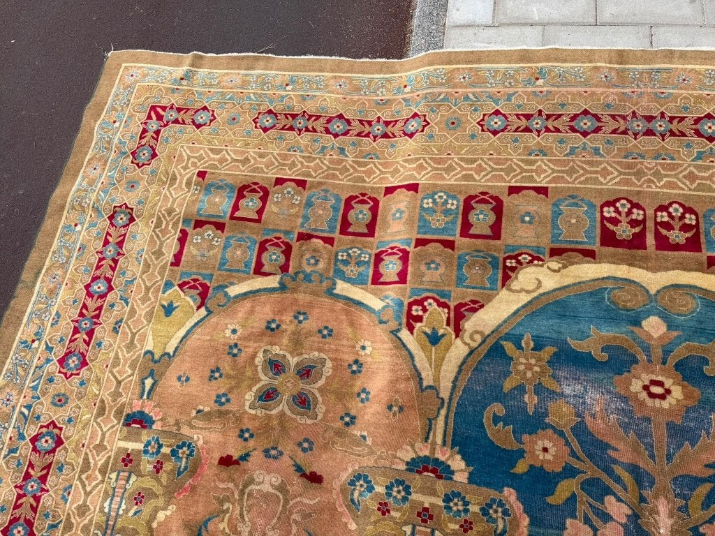Zeldzaam antiek Indiaas tapijt – 460  345 cm – kunstwerk, Gebruikt, Wol, 200 cm of meer, Ophalen of Verzenden