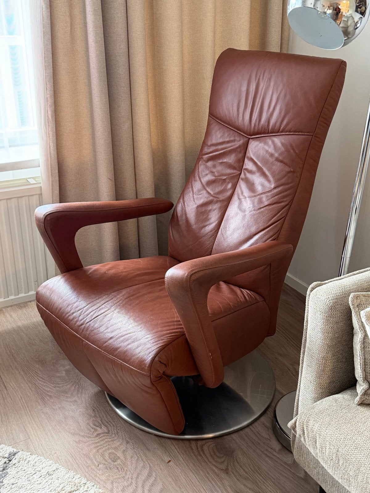Leren relaxfauteuil - Bruin leer, Ophalen, Gebruikt, Leer, 75 tot 100 cm
