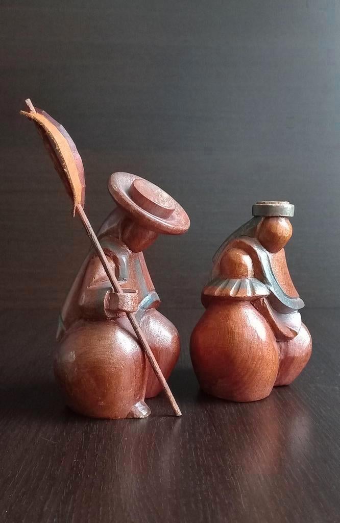 Houten beeldjes dikke man en vrouw – unieke set, Ophalen of Verzenden