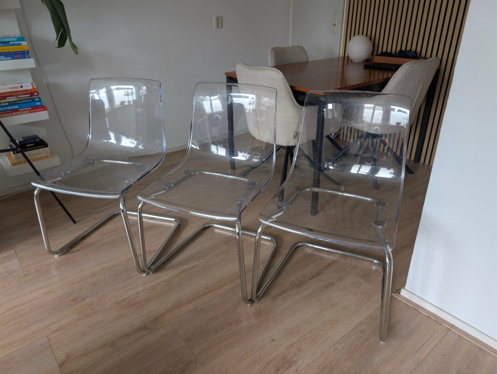 3x Ikea Tobias eetkamerstoelen met verchroomde poot, Huis en Inrichting, Stoelen, Gebruikt, Overige kleuren, Drie, Ophalen of Verzenden