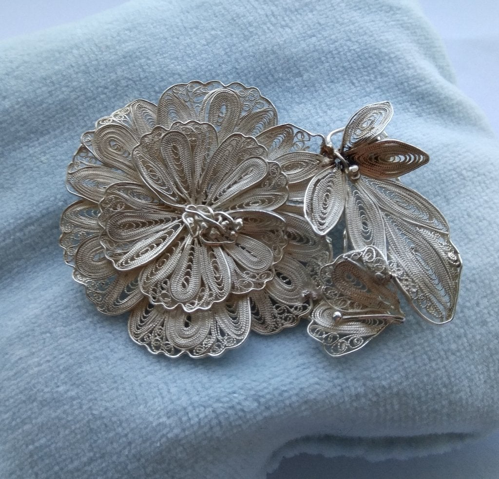 HANGER-BROCHE 5,9x 4,3 cm filigrain bloem van Djokja zilver, Ophalen of Verzenden, Zilver, Hanger