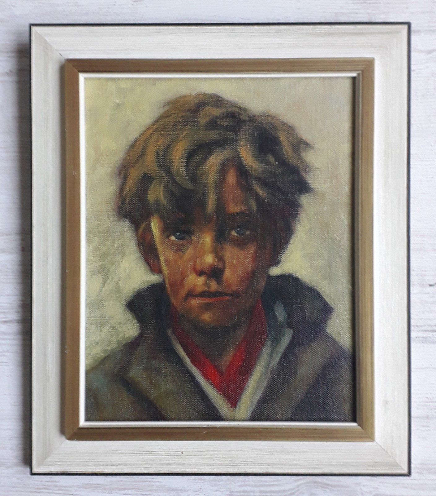 DE STOERE JONGEN>PORTRET KIND IN DE SIXTIES>STIJL REALISME, Antiek en Kunst, Doek, Portret of Personen, Realistisch, Ophalen of Verzenden