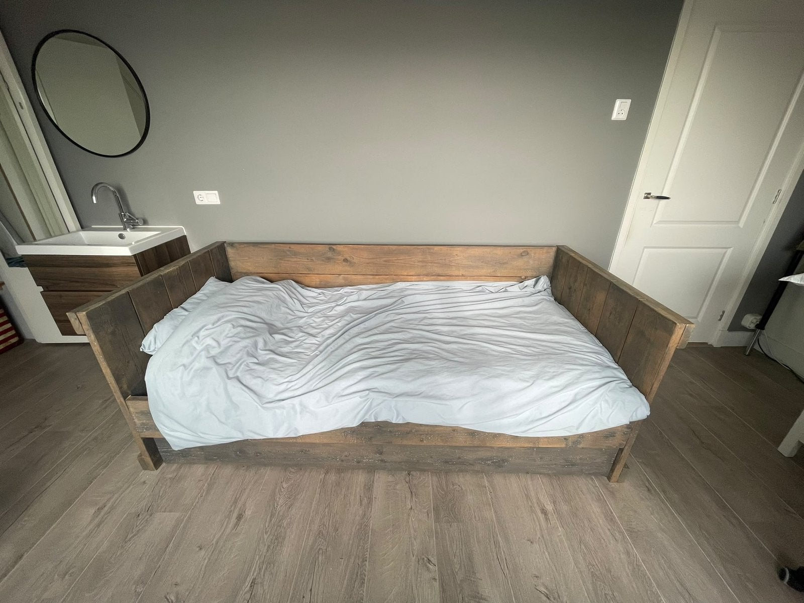 Steigerhouten bed met grote lade grey wash, Ophalen, 90 cm, Eenpersoons, 210 cm