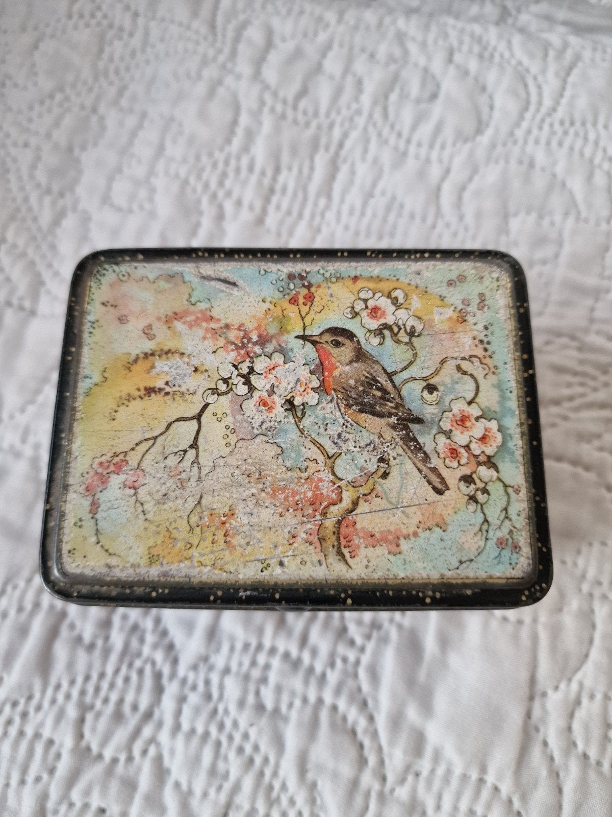 Vintage blikken doosje met vogel en bloesem, Ophalen of Verzenden