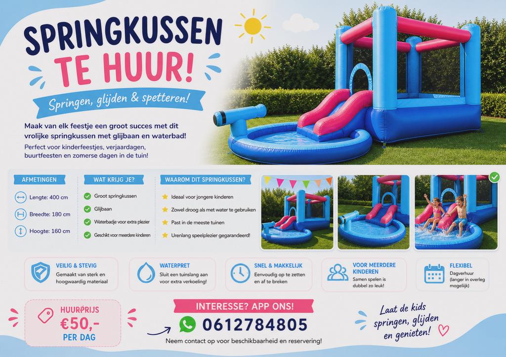 Springkussen te huur met glijbaan en waterbad, Ophalen of Verzenden, Gebruikt