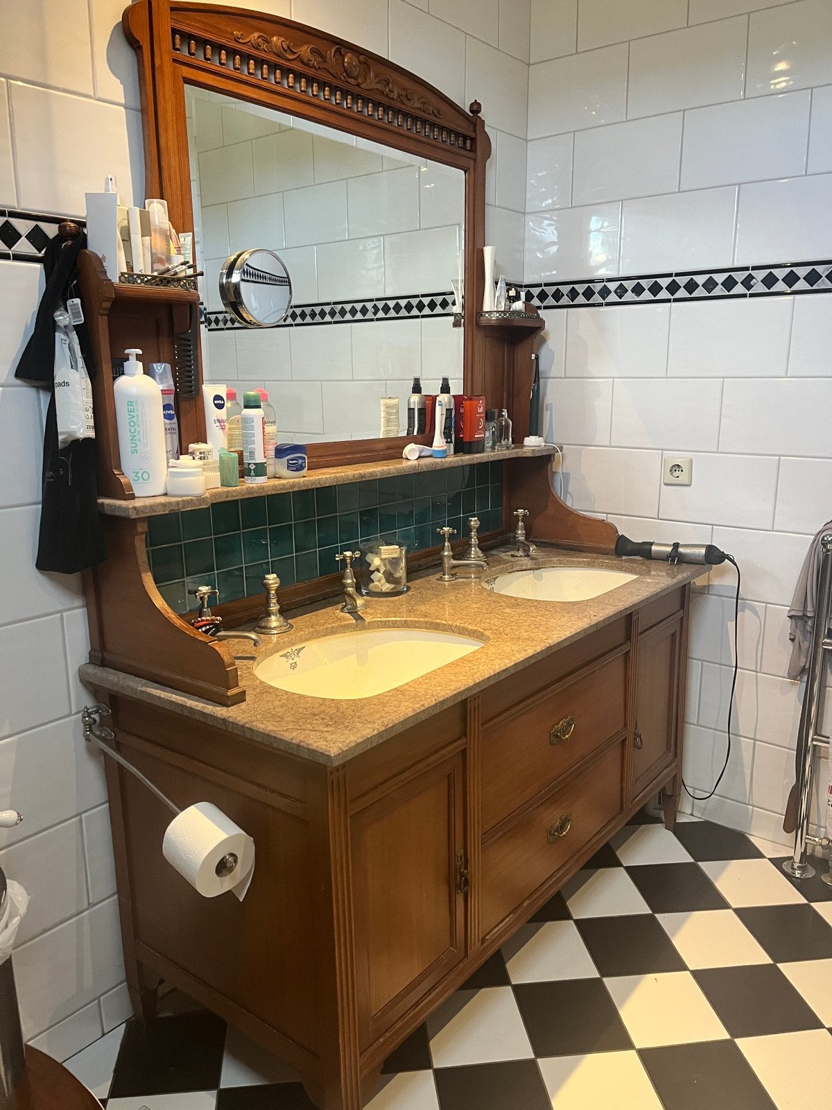 Antieke Barbier Wastafel met Dubbele Spoelbak en Spiegel, Ophalen, Gebruikt