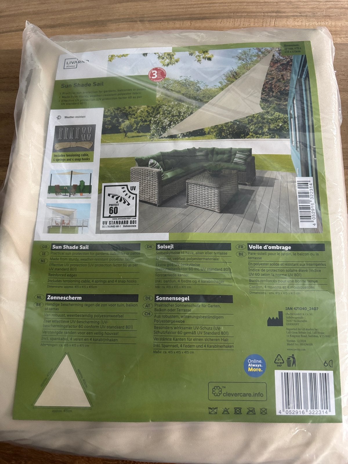 Driehoek schaduwdoek 4,15x4,15x4,15 NIEUW, Tuin en Terras, Schaduwdoeken, Ophalen, Nieuw