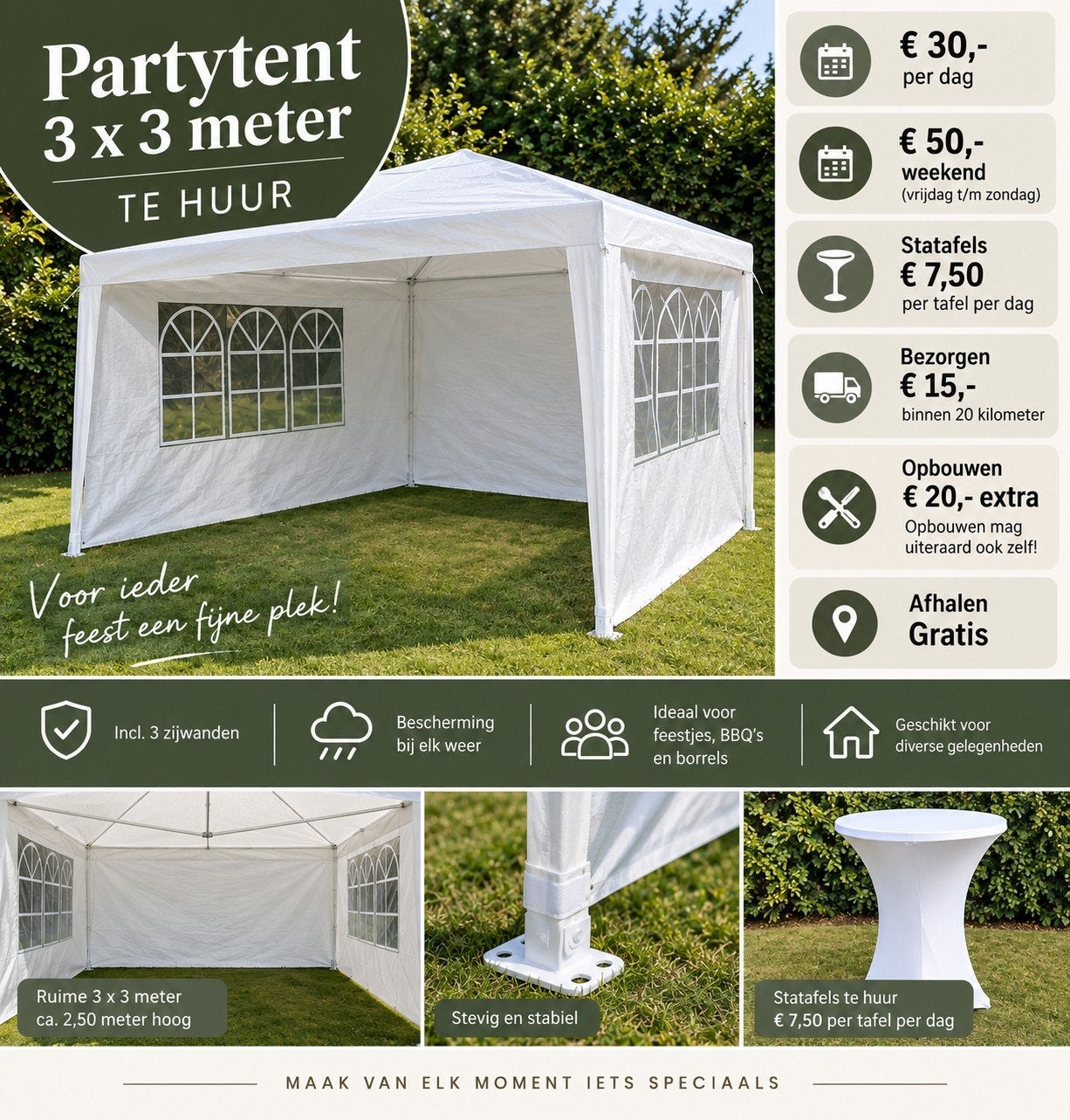 Partytent 3x3 meter te huur - Ideaal voor elk feest!, Tuin en Terras, Ophalen, Opvouwbaar, Partytent, Minder dan 4 meter