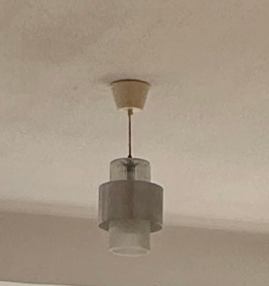 Vintage Philips hanglamp, metaal en geribbeld glas, Ophalen of Verzenden, Gebruikt, Metaal, E27 (groot)