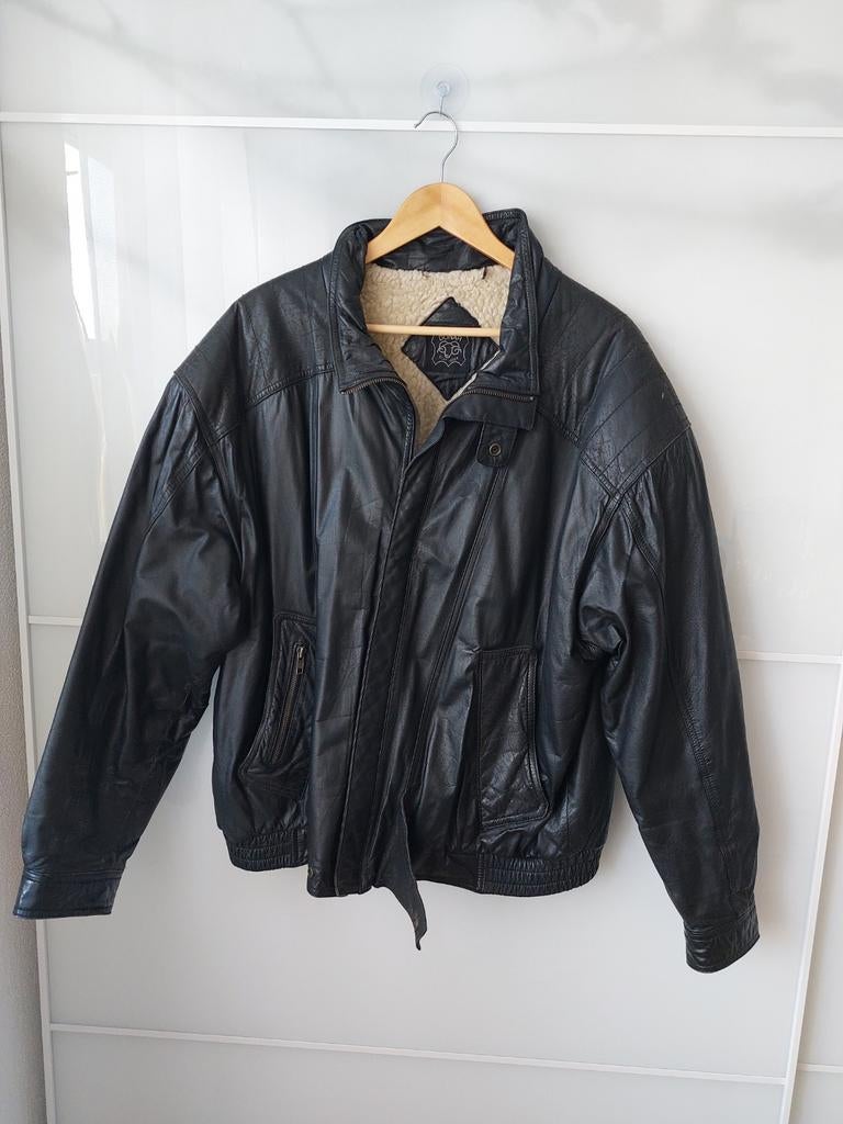 Vintage Leren Jas met Teddy Voering, Zwart, Ophalen of Verzenden, Gedragen, Maat 56/58 (XL)