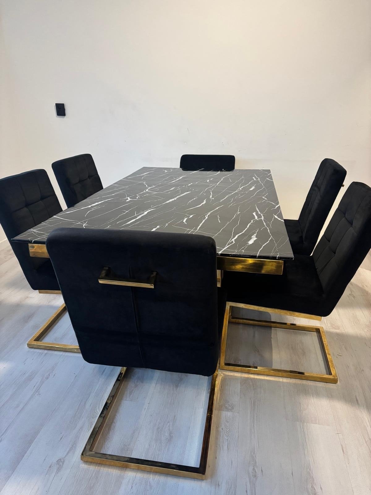 Luxe Eettafel met 6 Stoelen - Zwart Marmerlook & Goud, Huis en Inrichting, Tafels | Eettafels, Ophalen, Gebruikt, 50 tot 100 cm