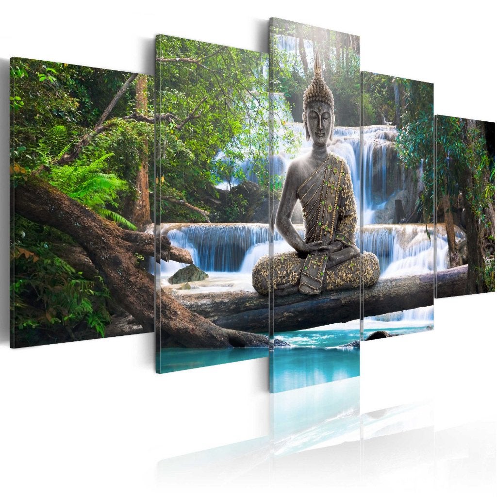 448 Buddha Waterval XXL 5 Luik Canvas Schilderij 200x100cm, Ophalen of Verzenden