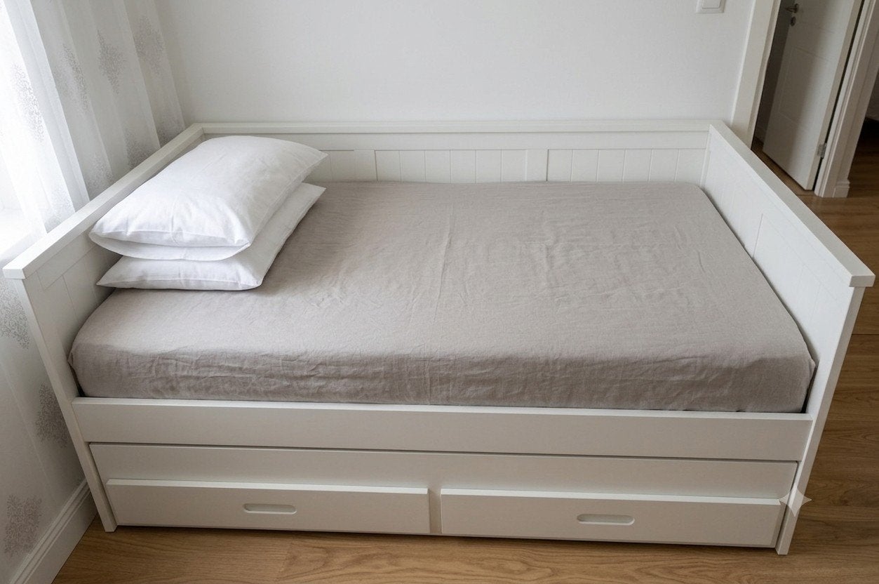 Witte bedbank met uitschuifbaar bedframe en 2 opberglades, Ophalen, Gebruikt, 90 cm, Eenpersoons