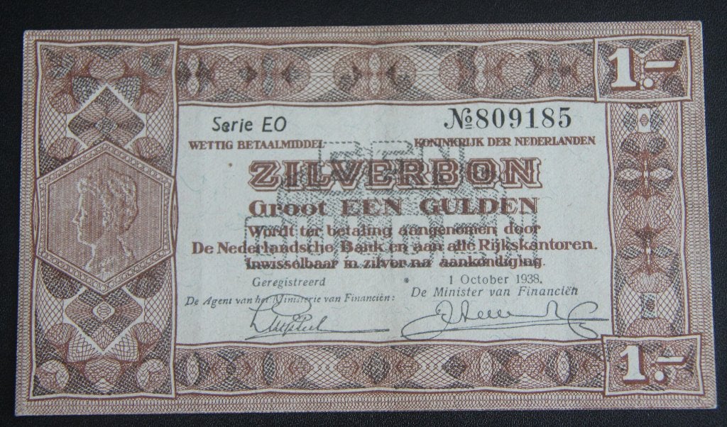1 gulden zilverbon 1938 EO 809185 strak exemplaar, Ophalen of Verzenden, 1 gulden
