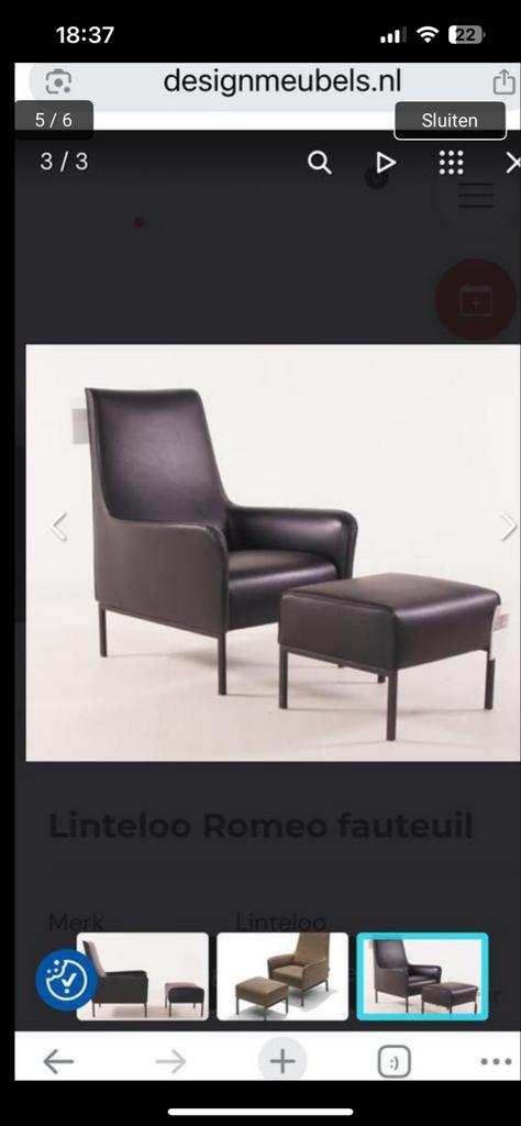 Linteloo Romeo fauteuil met poef - Zwart leer, Ophalen, Zwart, Leer, Zo goed als nieuw