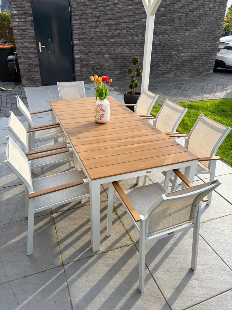 Polywood tuintafel (200x90; + 8 stoelen), Tuin en Terras, Tuinsets en Loungesets, Ophalen, Zo goed als nieuw, Aluminium