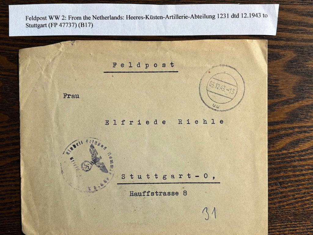 Duitse Feldpost in bezet NL in WO2, kustartillerie, Verzenden, Envelop