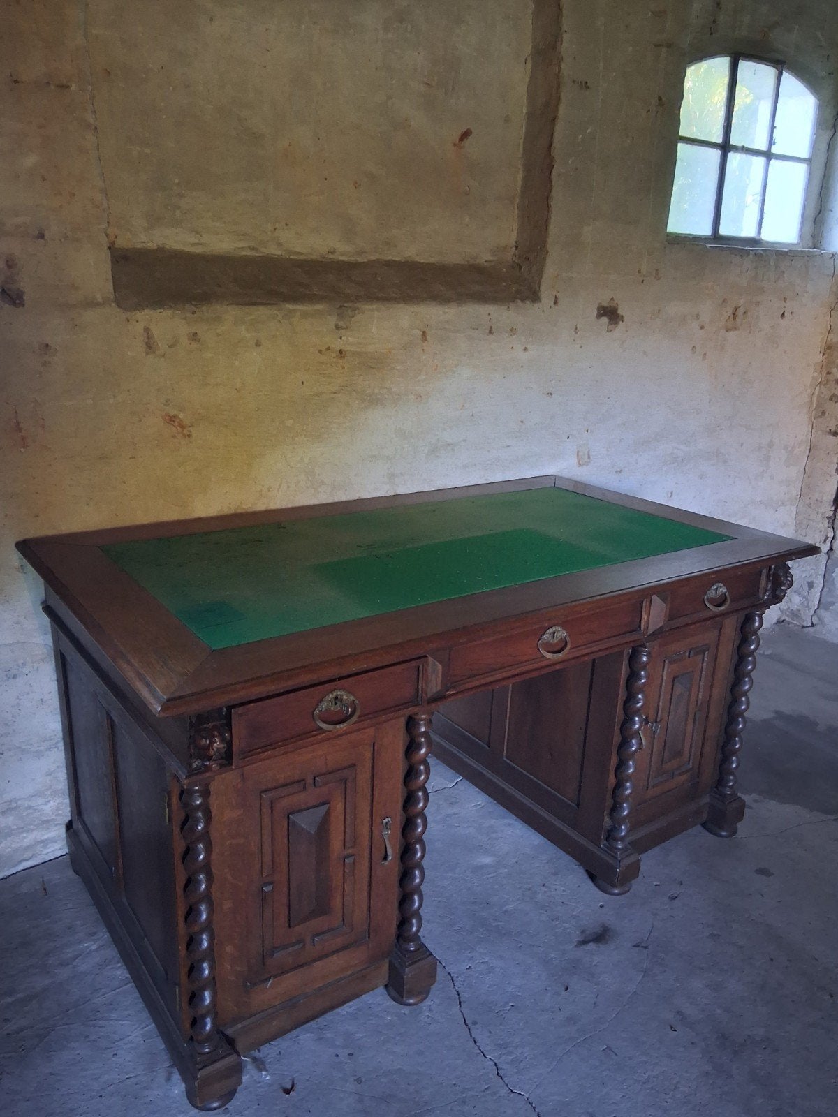 Antiek Eiken Bureau met Groen Leren Blad, Antiek en Kunst, Ophalen