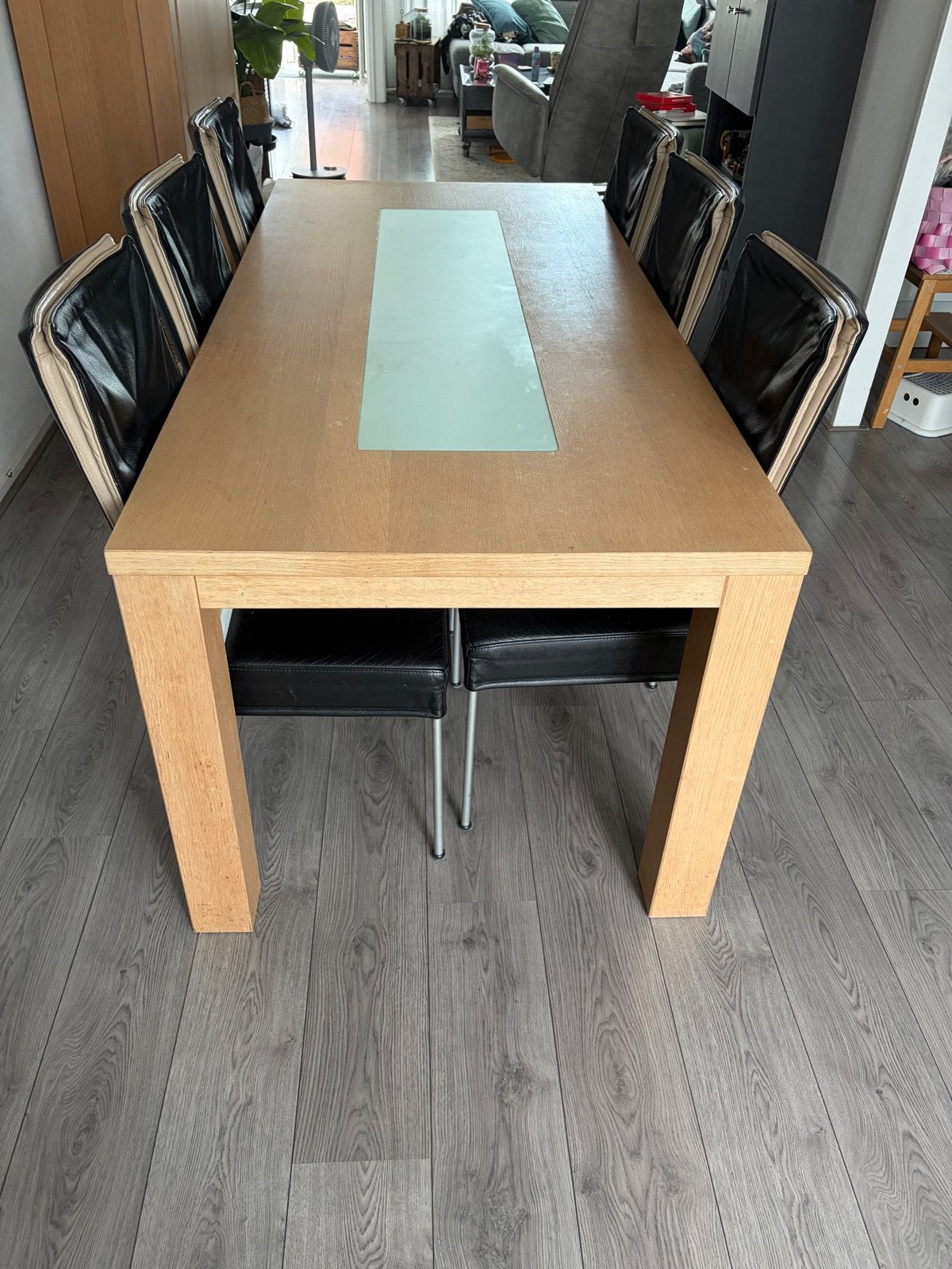 Complete eethoek, tafel met 6 lederen stoelen, Ophalen, Glas, Gebruikt, 50 tot 100 cm