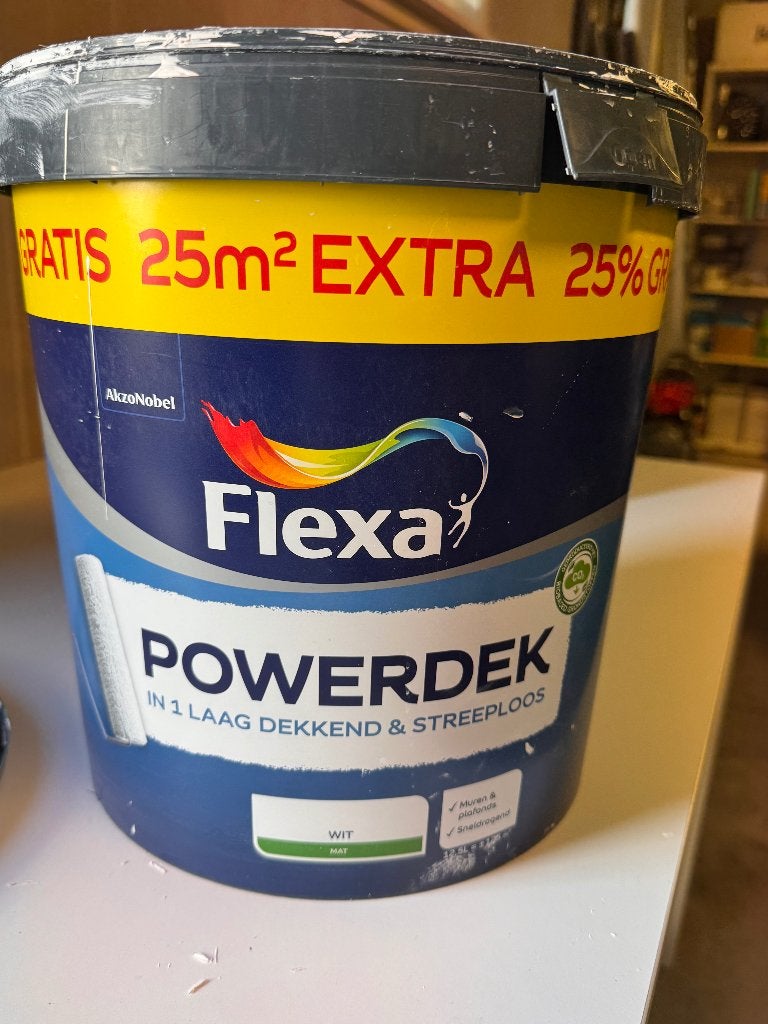 Flexa powerdek muurverf mat wit ongeveer 7 liter, Ophalen, 5 tot 10 liter, Wit, Verf