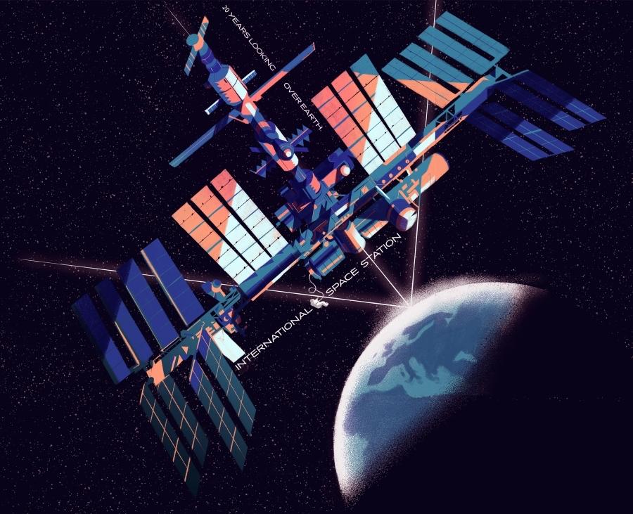 Poster door Riccardo Guasco voor ESA, 20 years ISS, Verzamelen, Rechthoekig Staand, Nieuw, Ophalen of Verzenden, A1 t/m A3