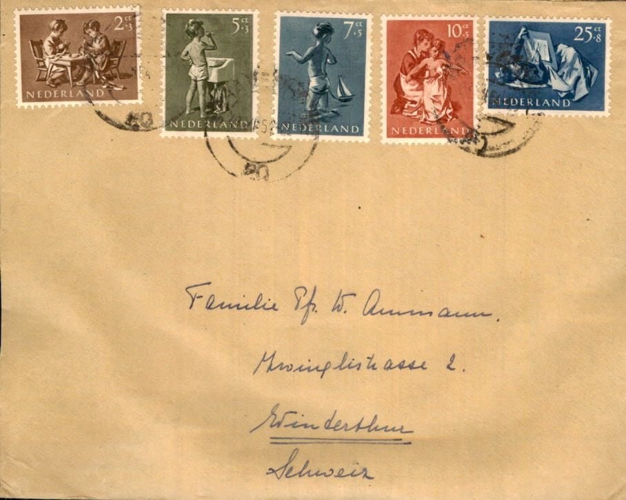 Den Haag - Zwitserland - kinderzegels Serie - 1954, Ophalen of Verzenden, Envelop