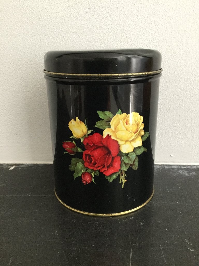 Vintage blikje Ira Denmark, zwart met gele en rode rozen., Ophalen of Verzenden, Huis en Inrichting