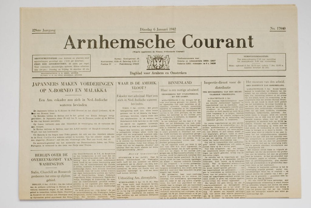 Arnhemsche Courant - 6 januari 1942 | herdruk krant WOII, Zo goed als nieuw, Verzenden, Amsterdam, Overige soorten