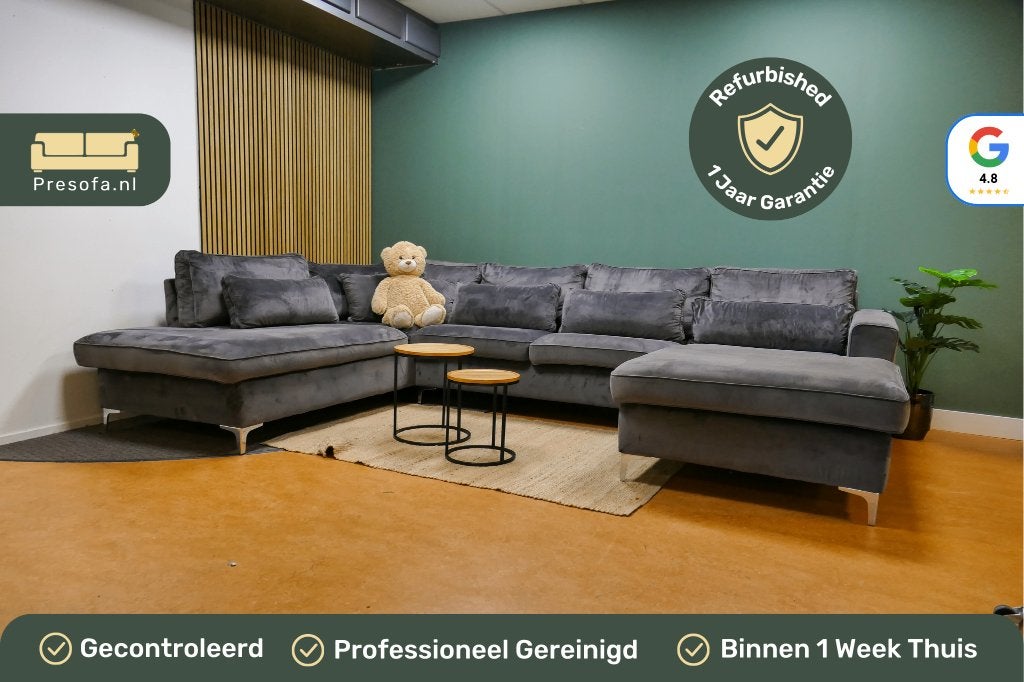Grote U Bank Velvet Donker Grijs Antraciet [Refurbished], Huis en Inrichting, -, -, Hoekbank, 300 cm of meer