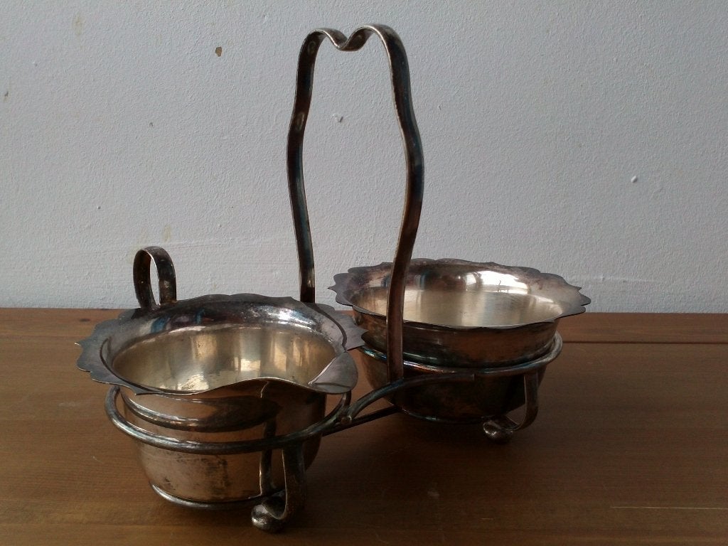 Mooi oud antiek silverplate suiker en roomstel uit Engeland.