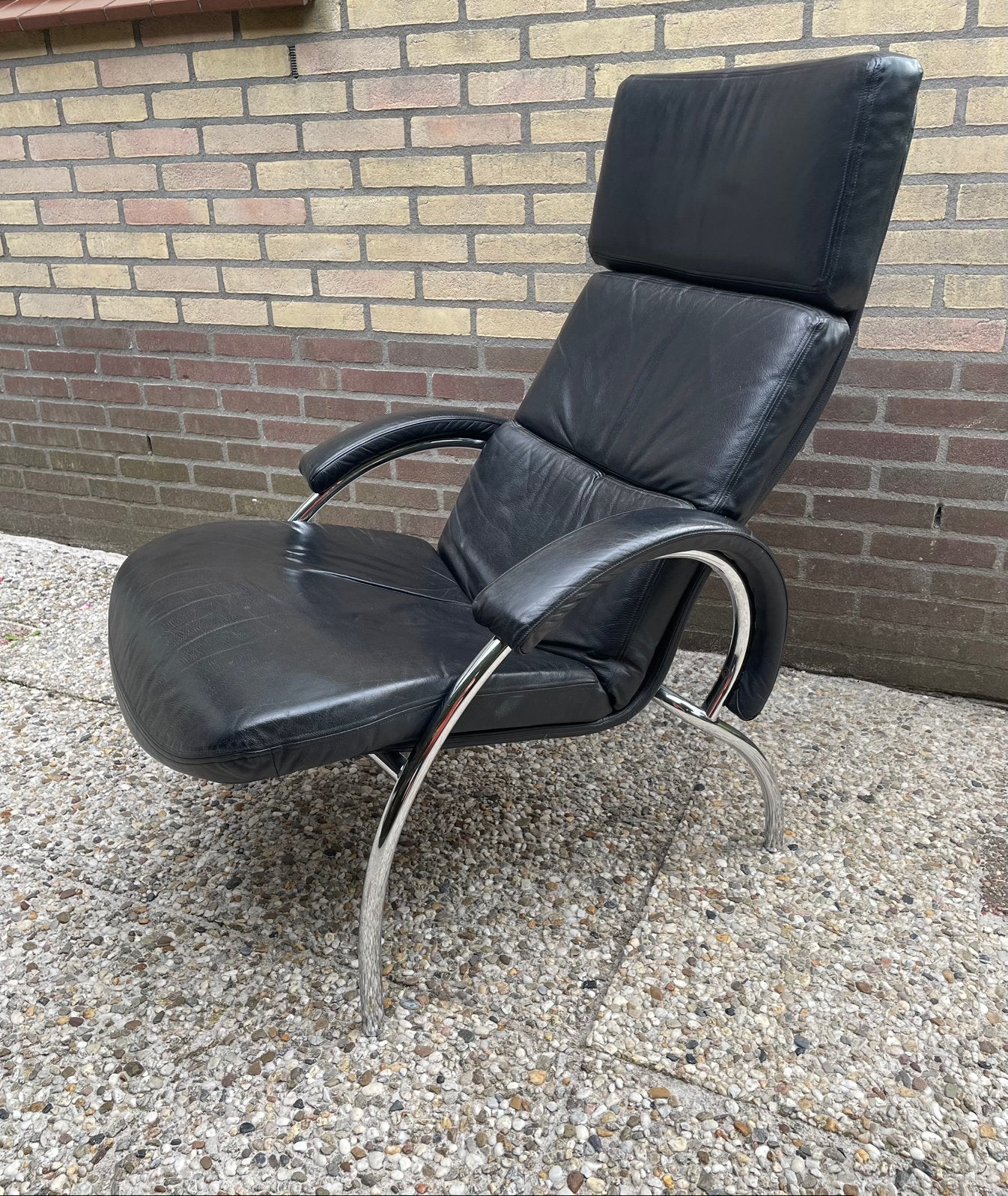 Vintage zwart lederen design fauteuil jaren 80, Huis en Inrichting, Fauteuils, Ophalen, Zo goed als nieuw, 50 tot 75 cm, Leer