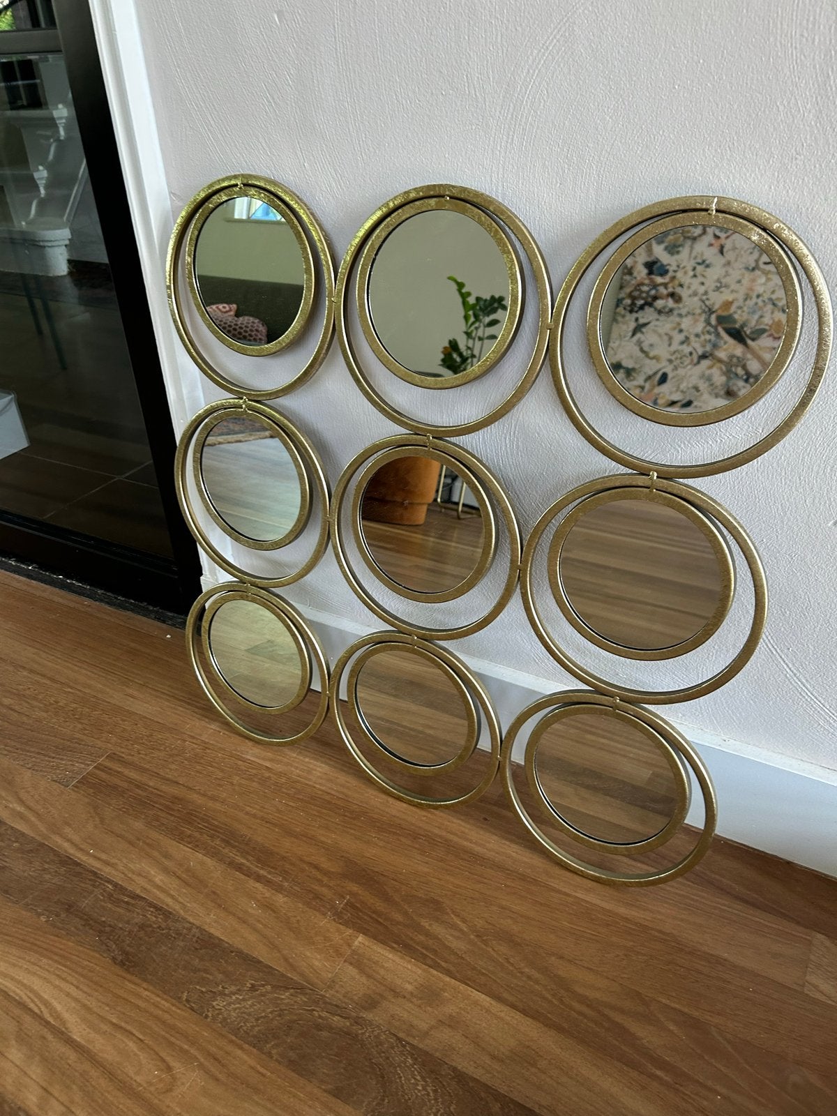 Gouden decoratieve spiegelwand - 9 ronde spiegels, Rond, Ophalen of Verzenden, Zo goed als nieuw, 75 tot 100 cm