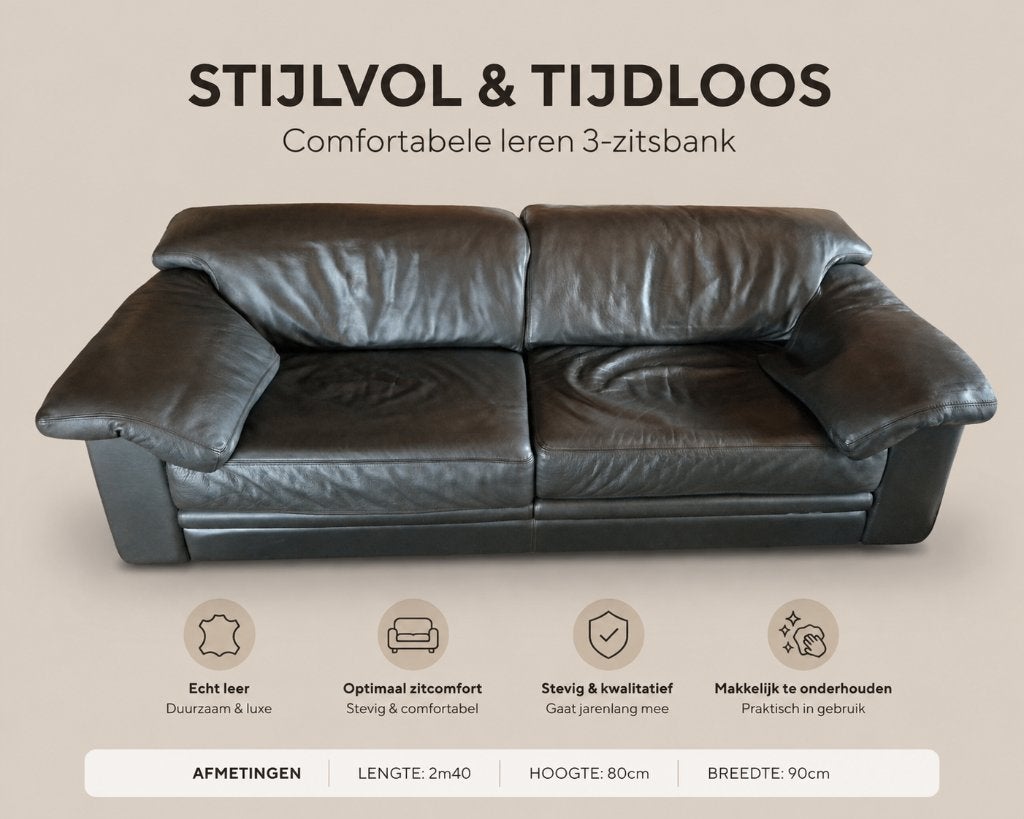 2 x zwarte leren 3-zitszetel – comfortabel en tijdloos, Ophalen, Gebruikt, Hout, Tijdloos