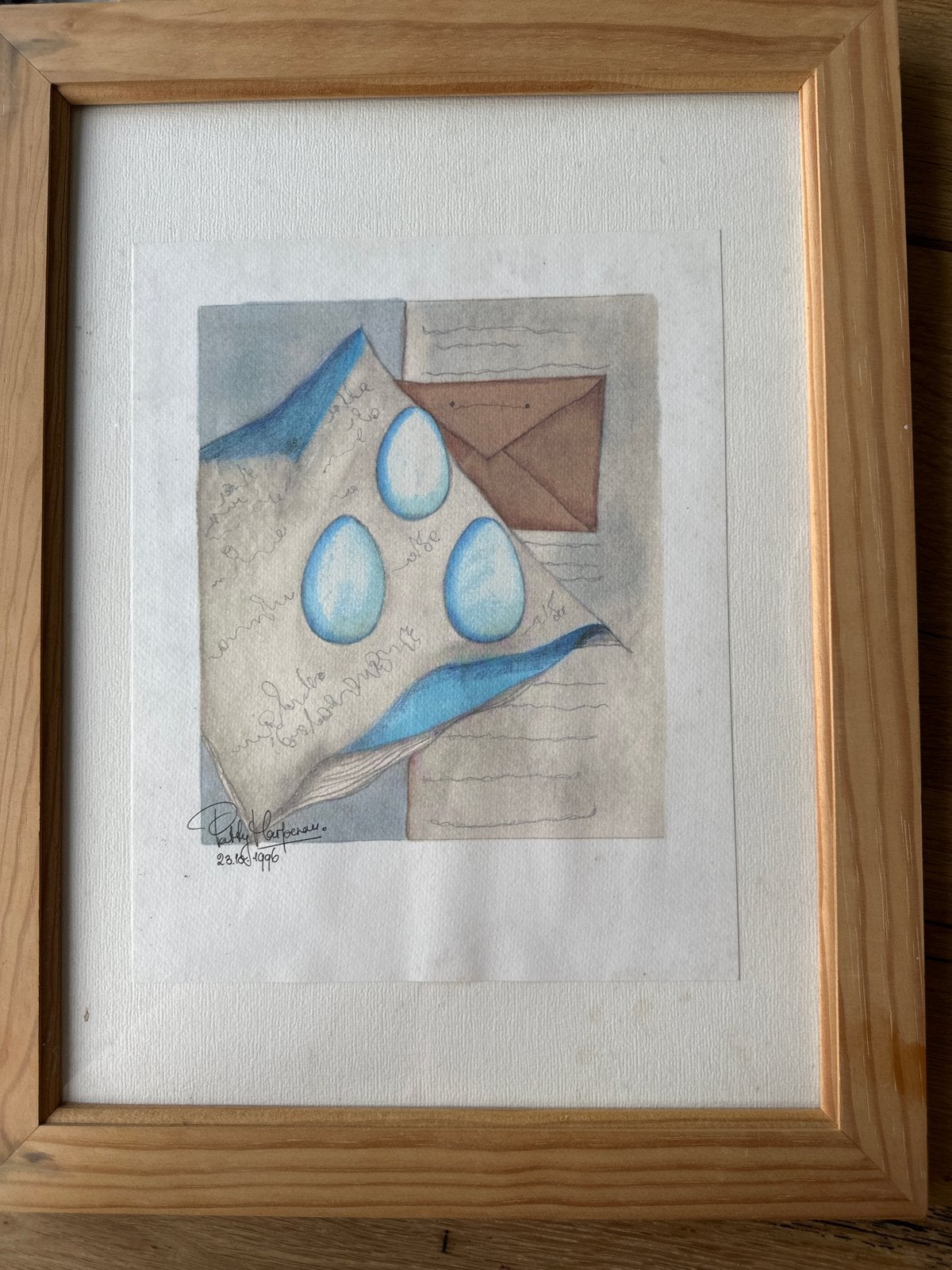 Ingelijste aquarel: 'Eieren en brief' gesigneerd 1996, Ophalen of Verzenden, Tekening, Aquarel, Gesigneerd