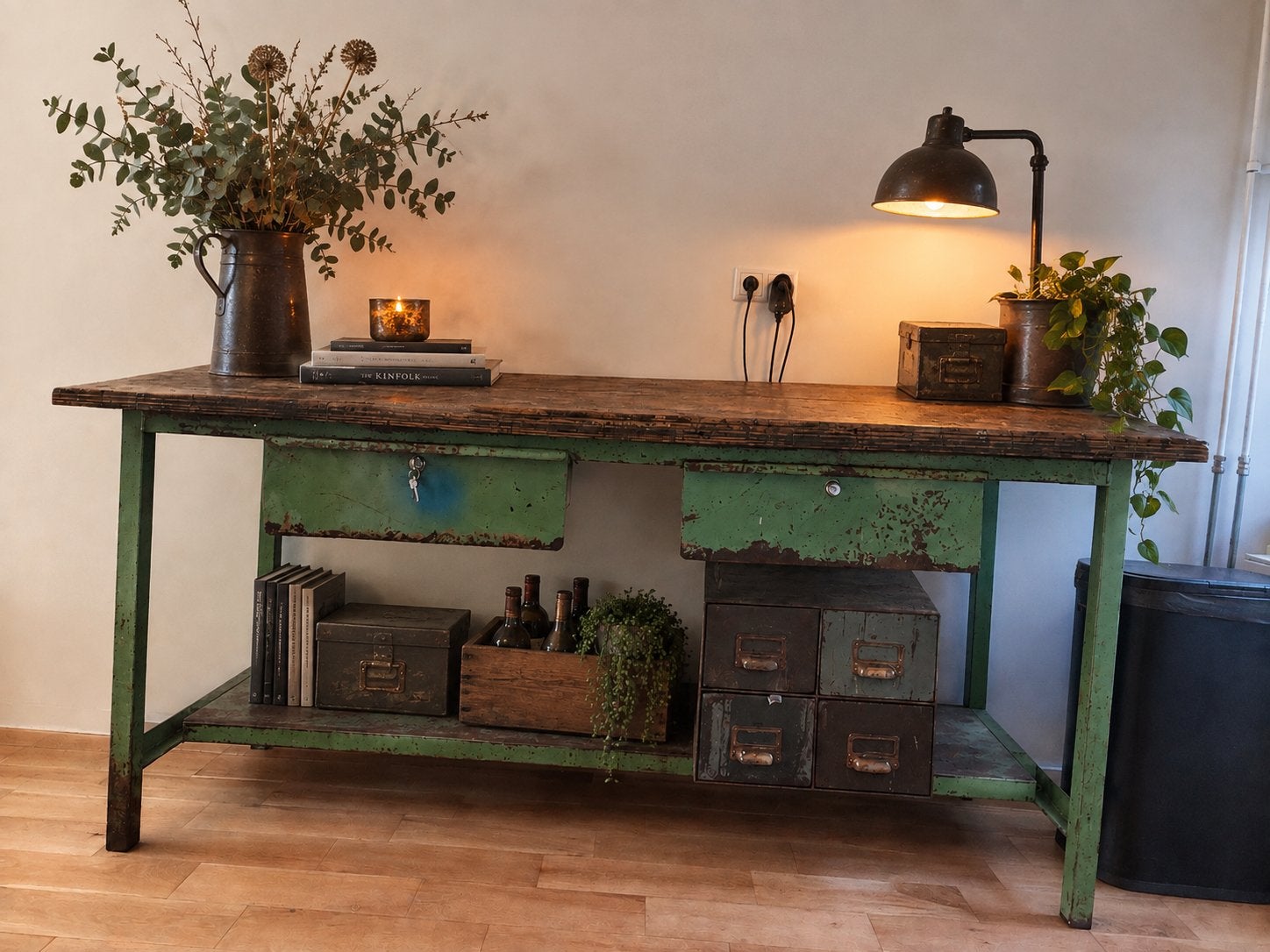 Vintage Industriële Werkbank / Dressoir - Groen Hout Metaal, Antiek en Kunst, Ophalen