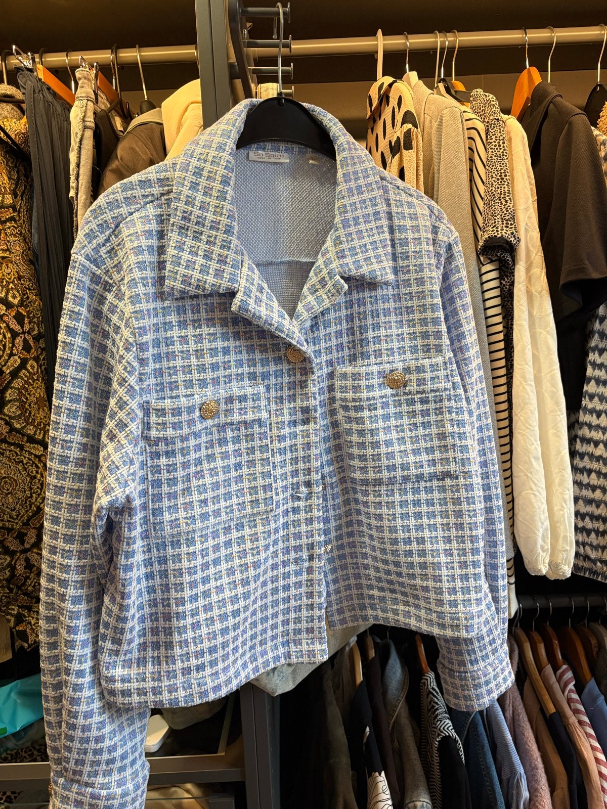 So Soire Tweed Jasje Maat L - Blauw/Wit Geruit, Kleding | Dames, Jassen | Zomer, Ophalen of Verzenden, Zo goed als nieuw, Maat 42/44 (L)