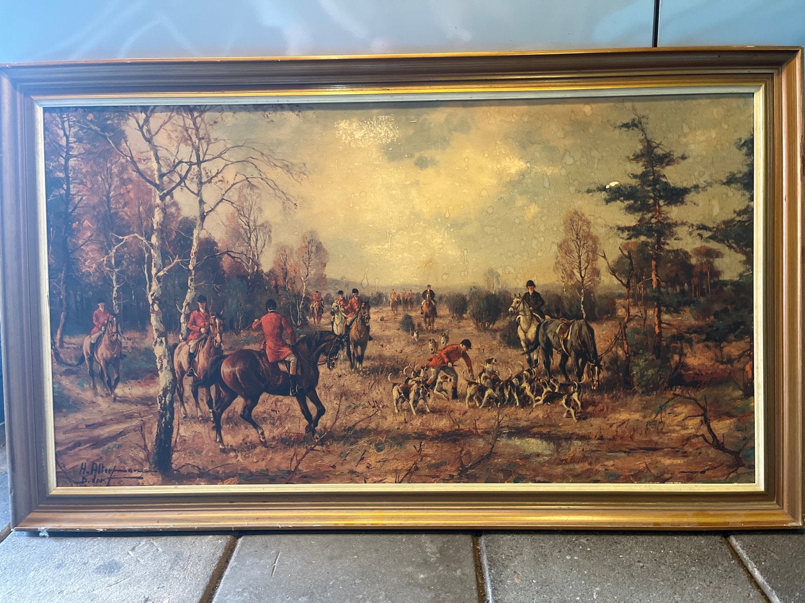 Jachttafereel Schilderij - Olieverf op Doek, Antiek en Kunst, Kunst | Schilderijen | Klassiek, Overige onderwerpen, Realistisch