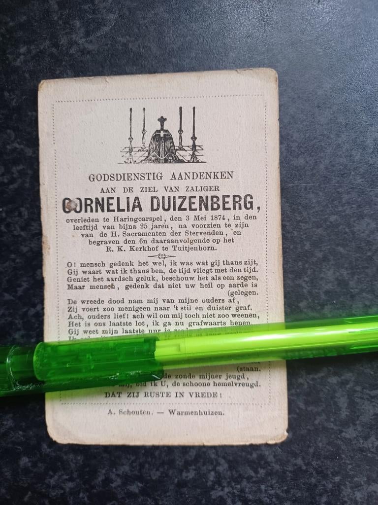 Bidprentje Haringcarspel Cornelia Duizenberg 1874, Verzamelen, Bidprentjes en Rouwkaarten, Bidprentje, Ophalen
