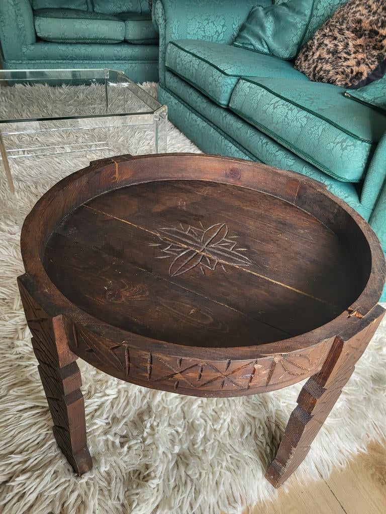 Handgemaakte Marokkaanse koffietafel met houtsnijwerk, Ophalen, Gebruikt, 50 tot 100 cm, Rond