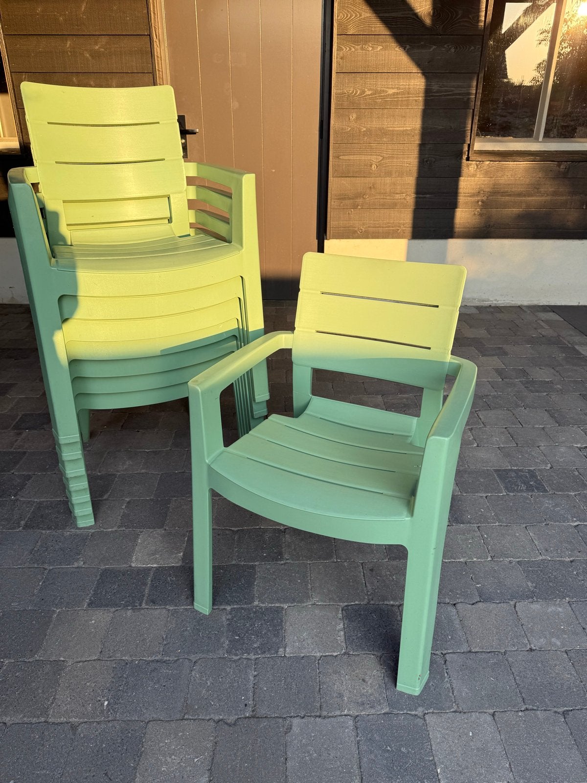 8x groene tuinstoelen set, Tuin en Terras, Ophalen, Zo goed als nieuw, Kunststof, Stapelbaar