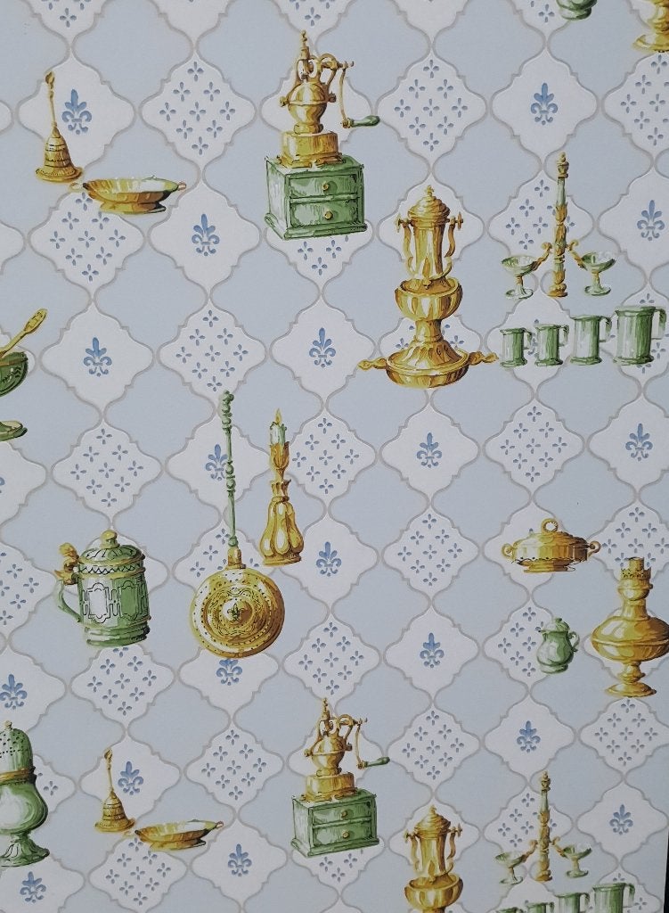 13693 Vintage keuken behang met blauw tegelpatroon swiet, Ophalen of Verzenden, Blauw