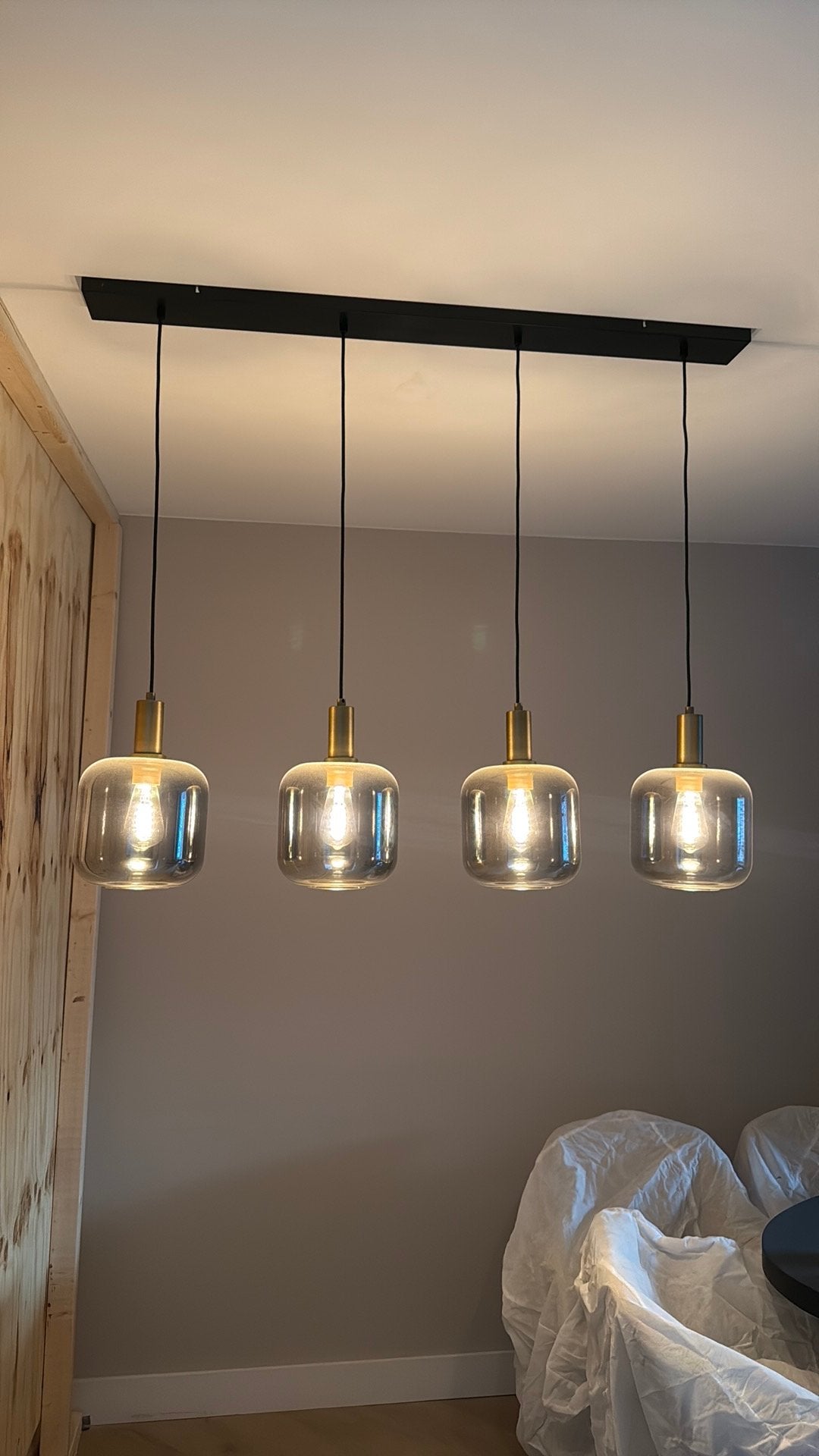 Hanglamp hoogte 150, lengte 120cm en breedte 21cm, Ophalen, Zo goed als nieuw, Glas, E27 (groot)